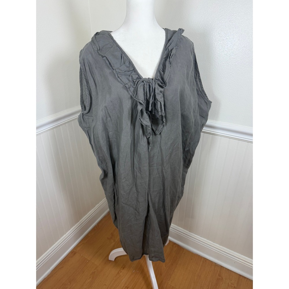 Garnet Hill Dress Womens XL Gray 100% Linen Ruffle V-Neck Sleeveless Shift